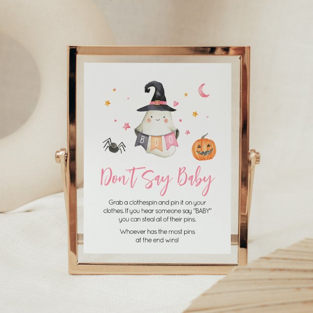 Pink Halloween Ghost Little Boo Don't Say Baby Poster (Little Boo Baby Shower Don't Say Baby Sign)