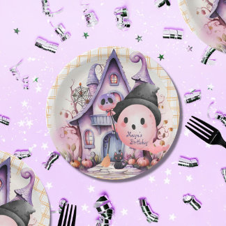 Pink halloween ghost mansion cute birthday paper plate