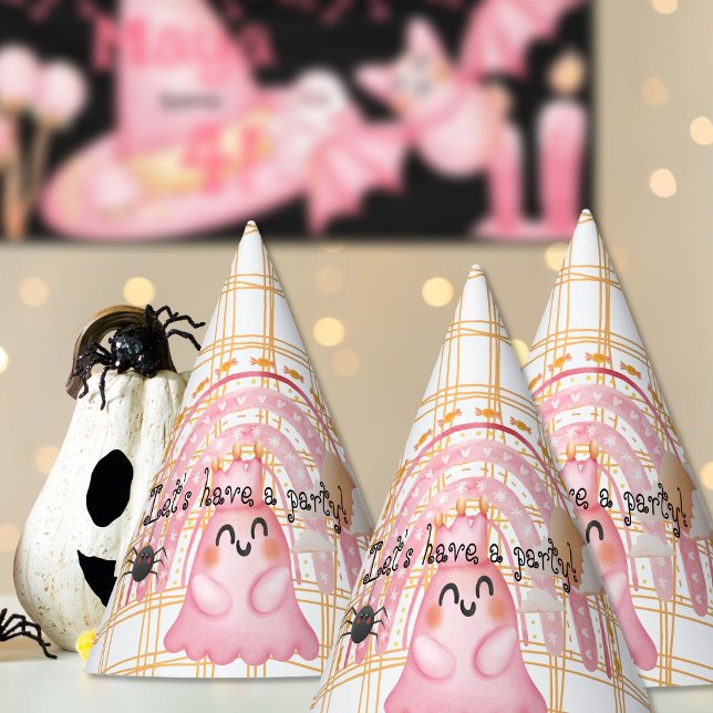 Pink halloween ghost spider and rainbow birthday party hat (Pink friendly ghost under the halloween rainbow with spider friend)