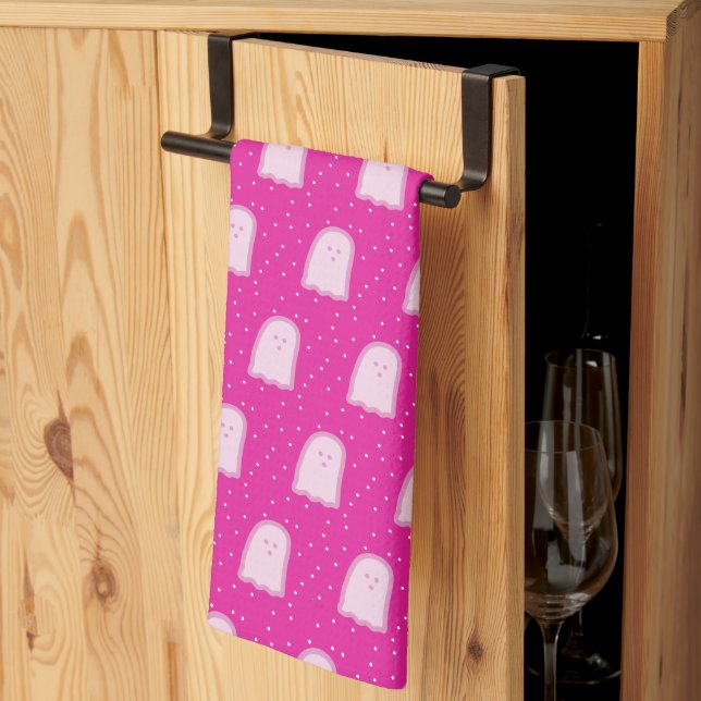 Pink Halloween Ghosts and Polka Dots  Tea Towel (Thirds Fold)