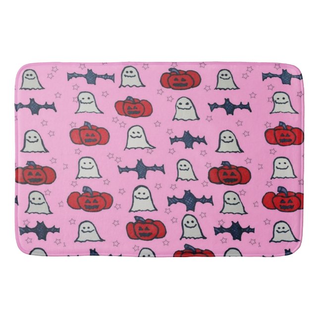 Pink Halloween Ghosts, Bats, and Jack o Lanterns Bath Mat (Front)