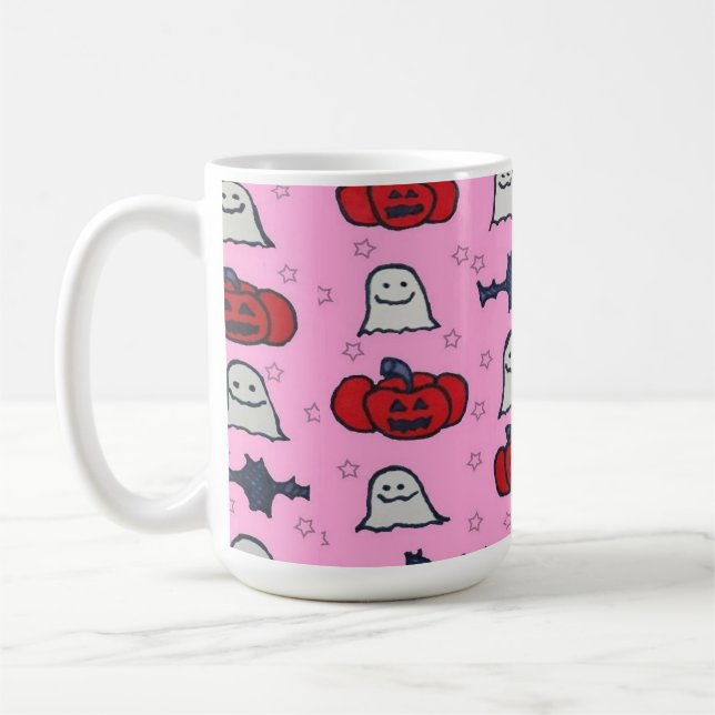 Pink Halloween Ghosts, Bats, and Jack o Lanterns Coffee Mug (Left)