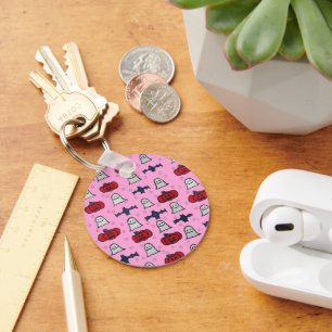Pink Halloween Ghosts, Bats, and Jack o Lanterns Key Ring