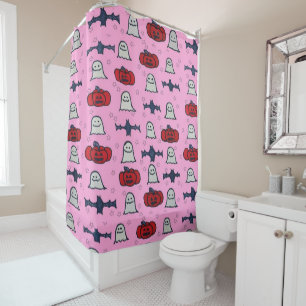 Pink Halloween Ghosts, Bats, and Jack o Lanterns Shower Curtain