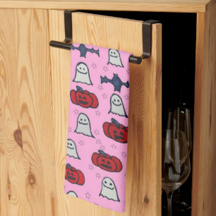 Pink Halloween Ghosts, Bats, and Jack o Lanterns Tea Towel