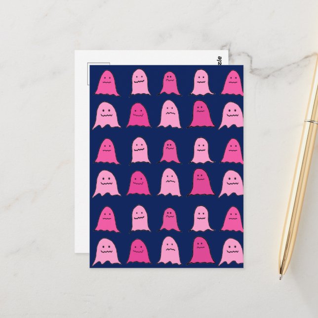 Pink Halloween Ghosts on Dark Blue Postcard (Front/Back In Situ)