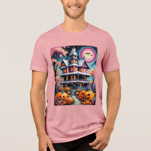 Pink Halloween Haunted House With Jack O'Lanterns Tri-Blend Shirt