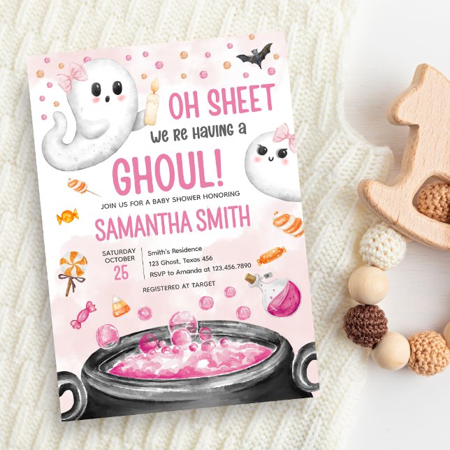 Pink Halloween It's a Girl Baby Shower Invitation (Oh Sheet It's a Ghoul Halloween Brewing Baby Shower Invitation)
