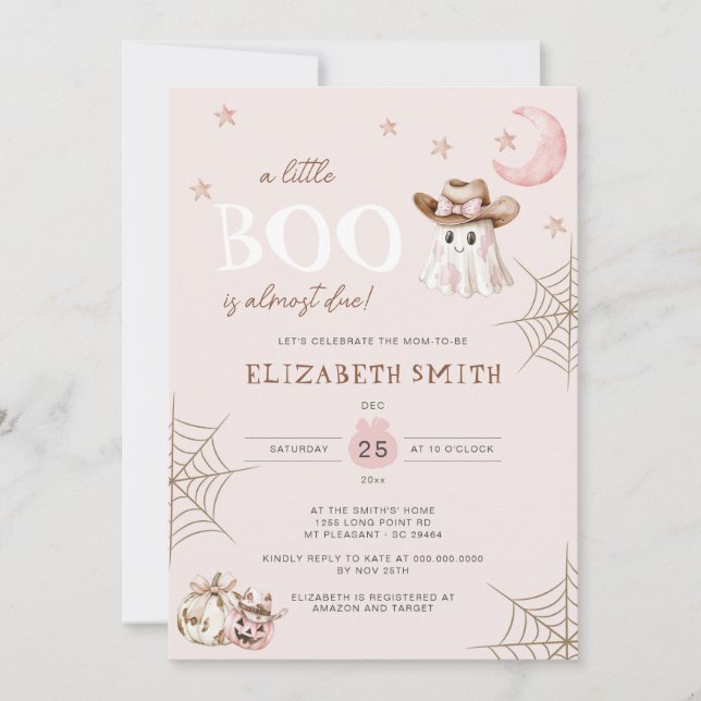 Pink Halloween Little Boo Almost Due Baby Shower Invitation (Front)