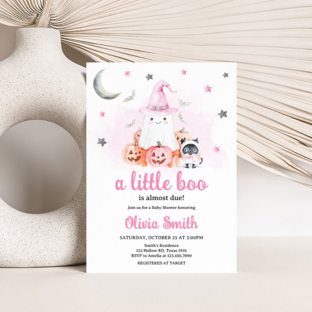 Pink Halloween Little Boo Baby Shower Invitation (Girl Halloween Little Boo Baby Shower Invitation)