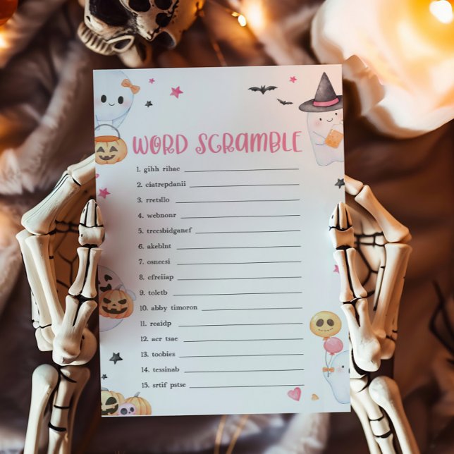 Pink Halloween Little Boo Word Scramble Game (Baby is Brewing Baby Shower Word Scramble Game)
