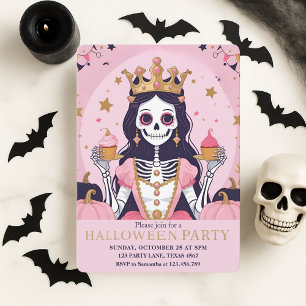 Pink Halloween Princess Skeleton Party Holiday Card