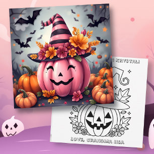 Pink Halloween Pumpkin & Coloring Page Personalize Card