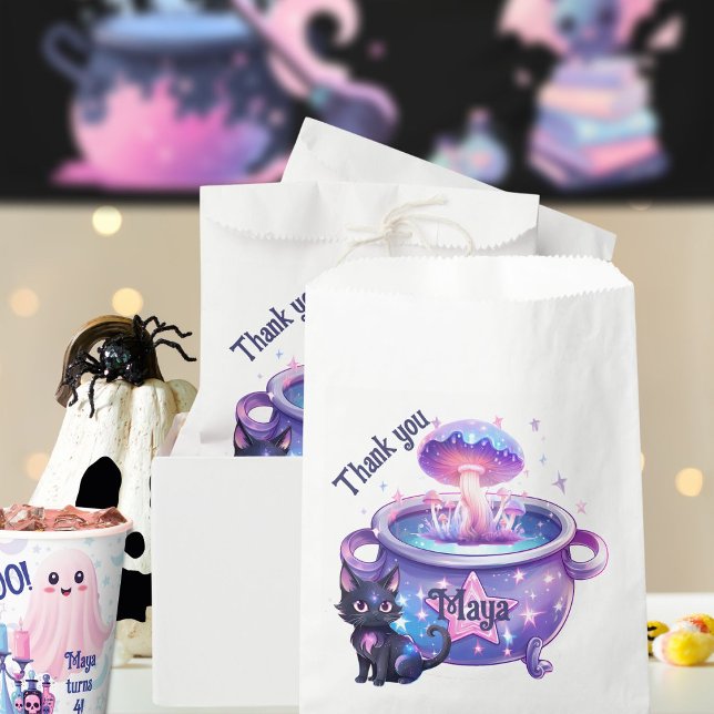 Pink halloween purple cat magical cauldron favour bag (Magical halloween cauldron with bewitched cat favor bags)