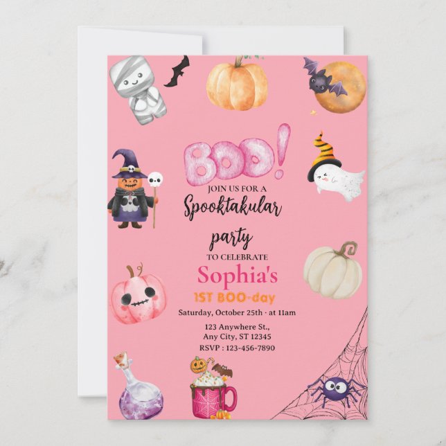 Pink Halloween Spooky One 1st Birthday Party Invitation (Front)