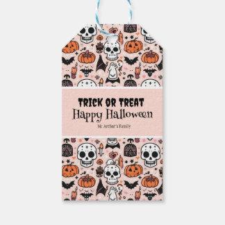 Pink Halloween Trick or Treat Custom Family Name Gift Tags
