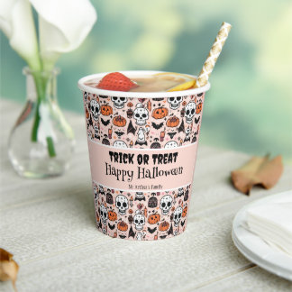 Pink Halloween Trick or Treat Custom Family Name Paper Cups