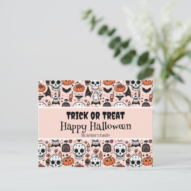 Pink Halloween Trick or Treat Custom Family Name Postcard (Standing Front)