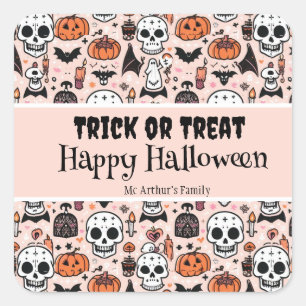 Pink Halloween Trick or Treat Custom Family Name Square Sticker