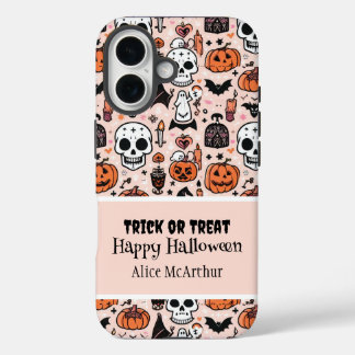 Pink Halloween Trick or Treat Custom Name iPhone 16 Case