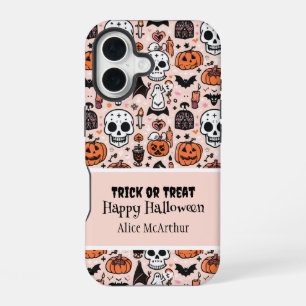 Pink Halloween Trick or Treat Custom Name iPhone 16 Case