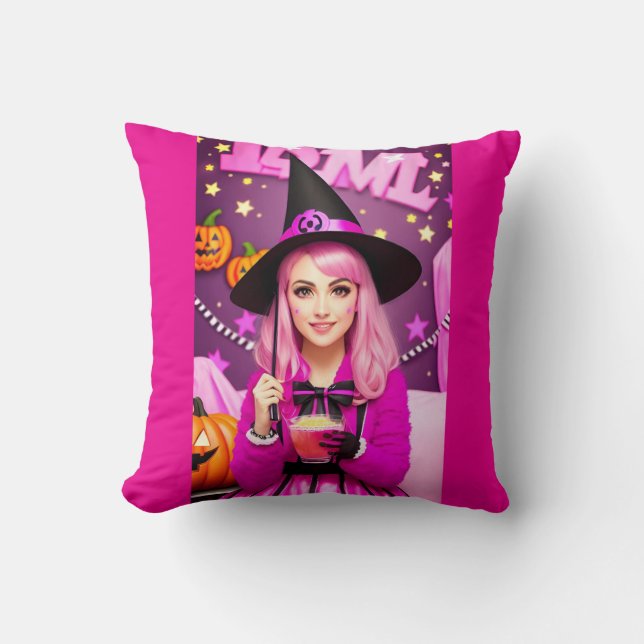 Pink Halloween witch  Cushion (Front)