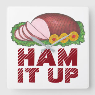 Pink HAM IT UP Funny Christmas Holiday Foodie Square Wall Clock