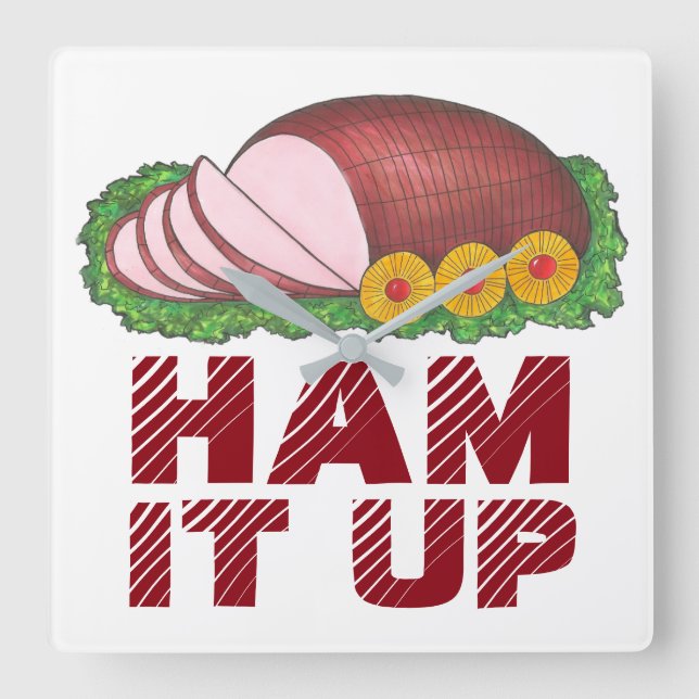 Pink HAM IT UP Funny Christmas Holiday Foodie Square Wall Clock (Front)