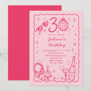 Pink Hand Drawn 30 Birthday Celebration  Invitation