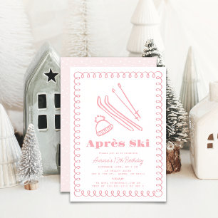 Pink Hand-Drawn Après Ski Winter Birthday Invitation