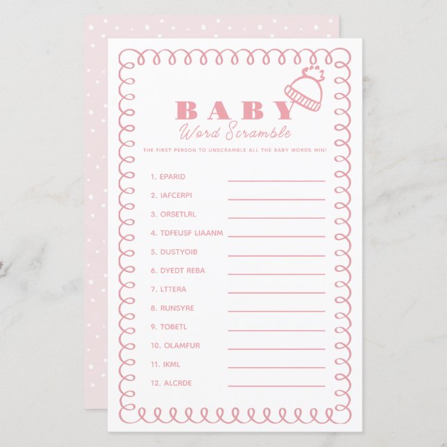 Pink Hand-Drawn Beanie Girl Baby Word Scramble (Front/Back)