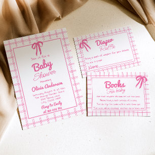 Pink Hand Drawn Bow Gingham Boho Girl Baby Shower  Invitation