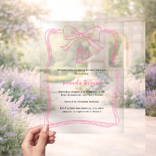 Pink hand drawn bow prosecco clear Bridal Shower Acrylic Invitations