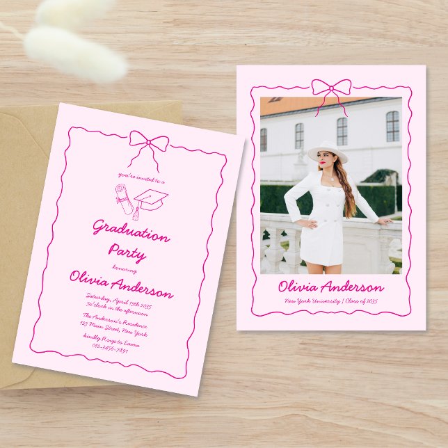 Pink Hand-Drawn Bow & Squiggle Photo Graduation Invitation (Creator Uploaded)