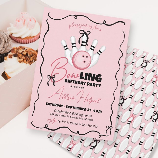 Pink Hand Drawn BOWling Bows Girl Birthday Party Invitation (Funny pink black and white BOWling coquette bows girly girl hand drawn birthday party invitation)