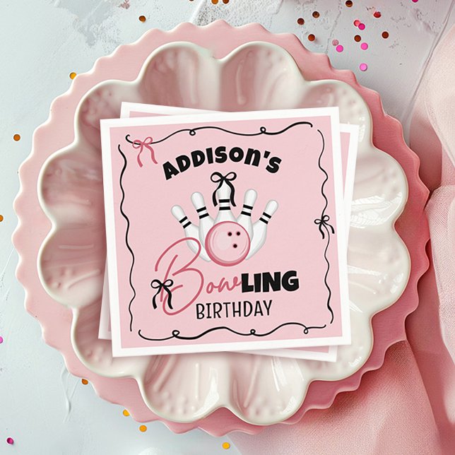 Pink Hand Drawn BOWling Bows Girl Birthday Party Napkin (Cute funny BOWling theme girly pink and black bows custom name girl birthday party paper napkins)