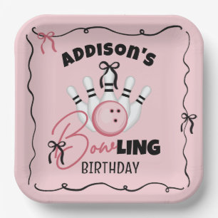 Pink Hand Drawn BOWling Bows Girl Birthday Party Paper Plate