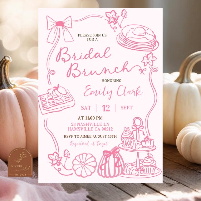  Pink Hand Drawn Bridal Brunch party Invitation (Creator Uploaded)