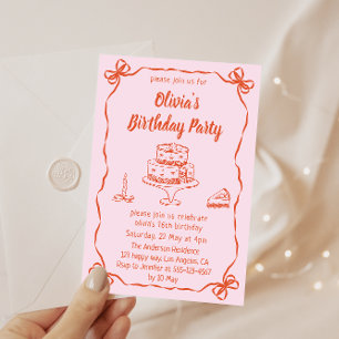 Pink Hand-Drawn Cake & Ribbon Border Birthday  Invitation
