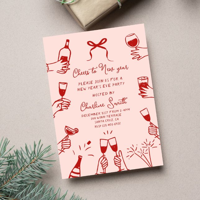 Pink Hand Drawn “Cheers to New Year” Holiday Party Invitation (Creator Uploaded)