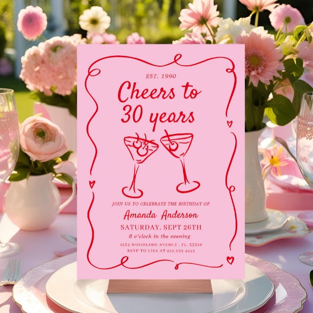 Pink Hand Drawn Cocktail 30th,40th,50th, Birthday  Invitation (Creator Uploaded)