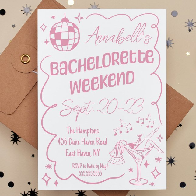 Pink Hand Drawn Disco Bachelorette Party Weekend Invitation (pink bachelorette party weekend invitation hand drawn disco cocktail modern weekend itinerary cute)