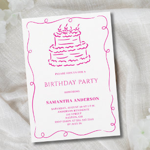 Pink Hand Drawn Doodle Cake Birthday Party  Invitation
