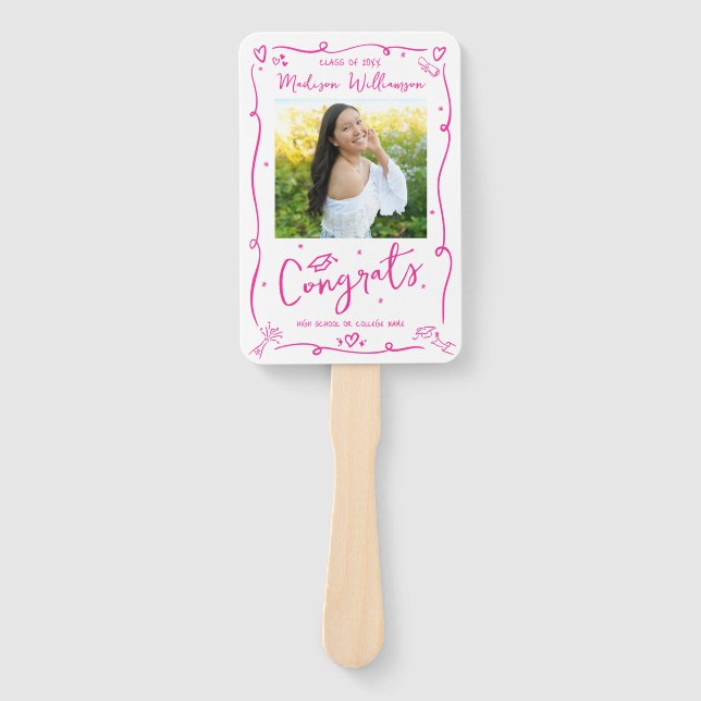 Pink Hand Drawn Doodle Graduation 2 Photo White Hand Fan (Front)