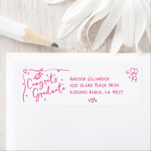 Pink Hand Drawn Doodle Graduation White Address Return Address Label