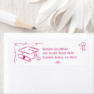Pink Hand Drawn Doodles Graduate Cap White Address Return Address Label