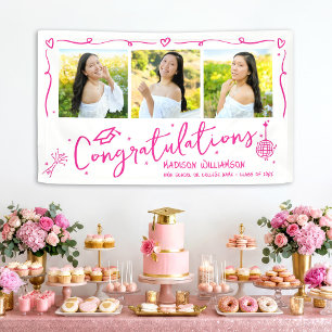 Pink Hand Drawn Doodles Graduation 3 Photo White Banner