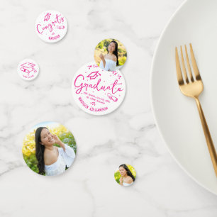 Pink Hand Drawn Doodles Graduation 3 Photo White Confetti