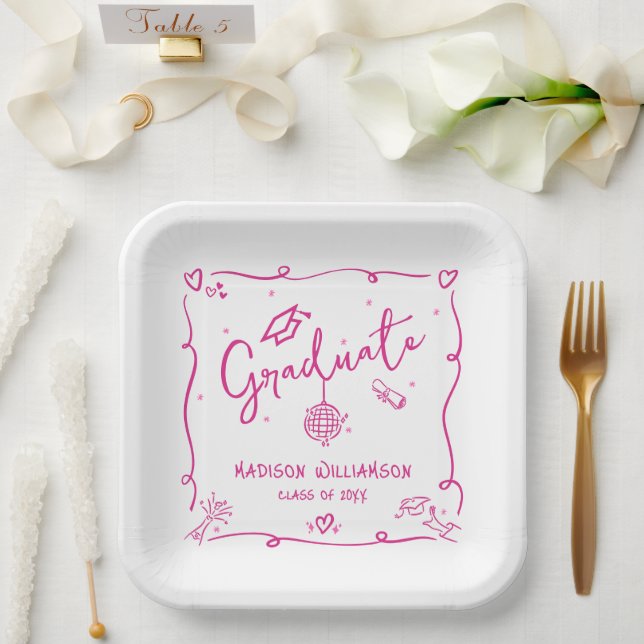 Pink Hand Drawn Doodles White Graduation Quirky Paper Plate (Wedding)