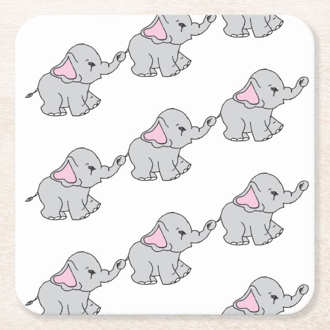 Pink Hand Drawn Elephant Pattern Elephant Cartoon Square Paper Coaster (Front)